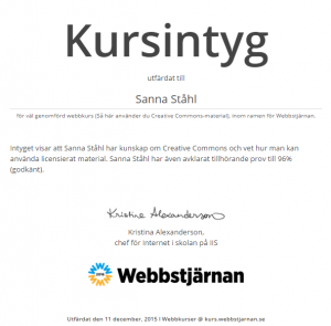 Exempel på kursintyg från Creative Commons-kursen